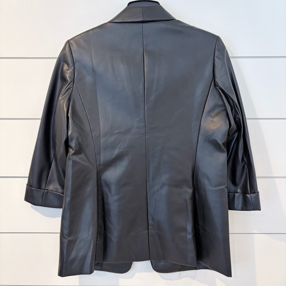 NWT Nine West Black Faux Leather Blazer Jacket Modern Minimal Chic Medium - Picture 4 of 9